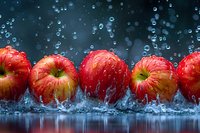 Fresh red apples with water drops in dynamic splashing scene. Dramatic dark background with bokeh effects perfect for healthy lifestyle and food advertising.