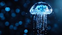 Glowing blue jellyfish with flowing tentacles against dark ocean background with bokeh lights for marine biology and underwater themes.