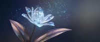 Magical crystal flower with glowing petals and sparkling particles on dark background for fantasy art projects and mystical designs.
