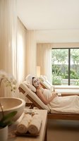 Relaxed Asian woman enjoying spa treatment on massage table in modern wellness center with natural lighting and garden view for health and beauty.