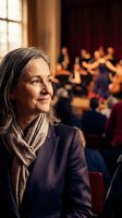Mature businesswoman with gray hair smiling confidently in elegant restaurant setting with warm lighting and blurred diners in background.