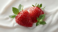 Fresh ripe strawberries with green leaves on white fabric background for healthy eating and organic food concepts.