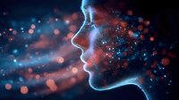 Profile silhouette of young woman with glowing particles and bokeh lights in dark blue and orange colors creating magical atmospheric effect.