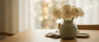 Elegant white roses in ceramic vase on wooden table with warm bokeh lights creating cozy home interior atmosphere for romantic decor and lifestyle content.
