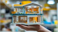 Miniature modern dollhouse with open facade showing detailed interior rooms, held in hand against blurred background.