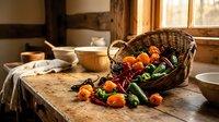 Rustic wicker basket overflowing with fresh colorful vegetables on wooden kitchen counter. Warm natural lighting creates cozy farmhouse atmosphere for cooking.