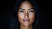 Close up portrait of young Asian woman with natural makeup and glowing skin against dark background, dramatic lighting highlighting facial features.