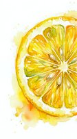 Watercolor lemon slice with vibrant yellow and orange hues on white background. Fresh citrus fruit painting with artistic splashes and drips for kitchen decor.