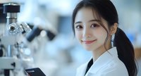 Young Asian female scientist smiling in modern laboratory with microscope, wearing white lab coat for medical research and scientific discovery work.