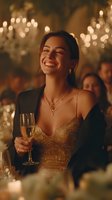 Young woman in gold sequin dress smiling at formal event, holding champagne glass with elegant chandeliers in background.