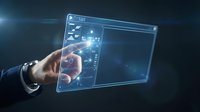 Businessman hand touching holographic digital interface with glowing icons and data visualization on dark background for technology, innovation, and futuristic business solutions.