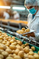 Food quality control specialist in protective workwear inspecting fresh potatoes on industrial conveyor belt during processing at manufacturing facility.