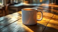 White ceramic coffee mug on rustic wooden table illuminated by warm morning sunlight streaming through window, creating dramatic shadows and cozy atmosphere.