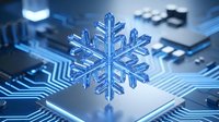 Glowing blue snowflake on computer circuit board representing winter technology, cold storage systems, or seasonal tech solutions for digital applications.