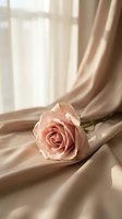 Single pink rose on soft beige silk fabric with natural window light creating elegant shadows for romantic wedding or luxury lifestyle concepts.