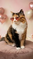Stylish calico cat wearing pink heart-shaped sunglasses sitting on velvet cushion with rose gold balloons in soft pink party atmosphere for celebrations.