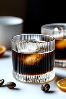 Cold brew coffee cocktail with ice in ribbed glass, garnished with coffee beans and orange slices on light background, close up view for beverage menu.
