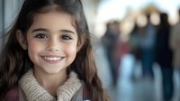 Young girl with long dark curly hair and bright smile wearing beige knit sweater against blurred background. Natural lighting highlights genuine expression.