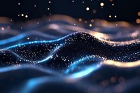 Abstract digital waves with glowing particles and bokeh effects in blue and gold tones against dark background, creating flowing technological landscape.
