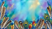 Watercolor border of colorful feathers including peacock and striped plumes on vibrant teal and purple background with copy space.