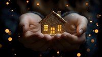 Female hands holding glowing miniature house against dark background with bokeh lights, creating magical cozy atmosphere. Concept of home comfort, real estate and dreams.