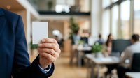 Businessman in navy suit holding blank white business card in modern office environment with colleagues working at desks in background, suitable for corporate branding and business communications.