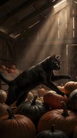 Black cat walking among orange pumpkins in rustic wooden barn with dramatic sunlight streaming through windows creating atmospheric autumn harvest scene.