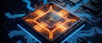 Futuristic computer processor chip with glowing orange circuits on dark motherboard with blue electronic pathways for technology and AI concepts.