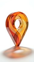 Translucent amber and red glass location pin symbol with flowing organic curves, casting warm shadows on white surface for navigation and mapping applications.