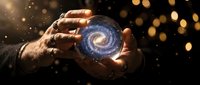 Hands gently holding glowing spiral galaxy with cosmic energy and golden bokeh lights creating magical universe concept for spiritual and science themes.