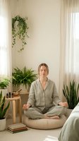 Woman in casual linen clothing meditating on floor cushion in serene bedroom surrounded by potted plants, hanging greenery, natural light and minimalist decor for wellness and mindfulness.