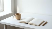 Minimalist workspace with open book and coffee cup on white desk by window creating peaceful reading atmosphere for study and relaxation.