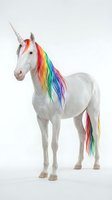 White unicorn with rainbow mane and tail, isolated on white background. Magical creature with spiraled horn for fantasy, children's book illustrations, and whimsical design projects.