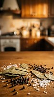 Wooden kitchen counter with scattered peppercorns, bay leaves, and sea salt, blurred warm-toned kitchen interior background. Cooking ingredients and seasoning preparation.