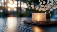 Glowing cube lamp on wooden surface with cherry blossoms in vase, creating cozy evening atmosphere with soft bokeh lights and sunset reflections.