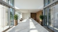 Modern office lobby with marble floors, glass walls and contemporary furniture creating professional corporate entrance space for business meetings.