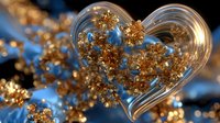 Glass heart filled with golden glitter particles on blue background, creating romantic luxury decoration for Valentine's Day or wedding celebration.