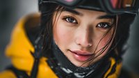 Young Asian woman in black helmet and yellow winter jacket, close-up portrait with soft focus background.