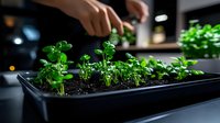 Young basil seedlings growing in black plastic container with soil, hands watering small green plants in home garden setting, fresh herbs cultivation indoors.
