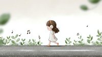Young girl in white dress walking with headphones among musical notes and green leaves, watercolor style illustration on gray path with soft nature elements.