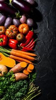 Fresh organic vegetables arranged on dark slate background with colorful tomatoes, eggplants, carrots, peppers and leafy greens for healthy cooking.