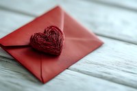 Red decorative heart made of wire resting on sealed envelope against rustic wooden background, romantic love letter concept for Valentine's Day or anniversary celebration.