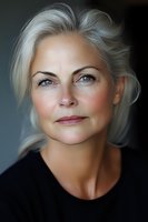 Elegant mature Caucasian woman with silver hair and blue eyes wearing black top, natural makeup, and confident expression against dark background. Professional portrait.