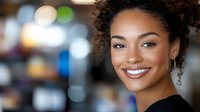 Young African American woman with curly hair smiling warmly in modern office environment with blurred background lights for business and professional concepts.