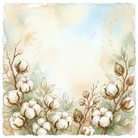 Watercolor cotton flowers frame with soft pastel tones, delicate branches and leaves on aged paper texture background with copy space.