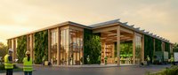 Modern sustainable office building with green walls and solar panels at sunset for eco-friendly business and renewable energy concepts.