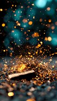 Magical golden sparkles and glowing particles burst upward against dark teal background, creating atmospheric light bokeh effect for festive or fantasy designs.