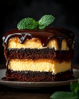 Layered chocolate cake with caramel cream filling and dark chocolate ganache topping garnished with fresh mint leaves on dark background, macro food photography.