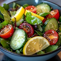 Fresh garden salad with cherry tomatoes, cucumber slices, lemon wedges and sesame seeds in dark ceramic bowl. Vibrant healthy Mediterranean dish.