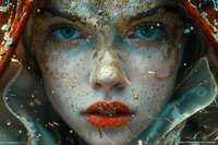 Ethereal close-up portrait of woman with bright blue eyes, red lips, and gold glitter freckles against teal background. Artistic fantasy beauty makeup concept.